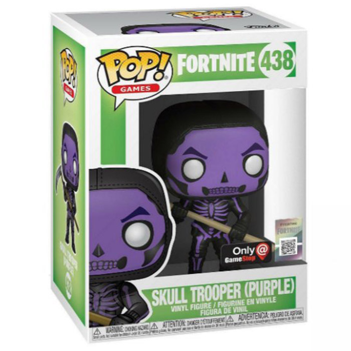 Figura Funko Pop Skull Trooper púrpura (Fortnite) en su caja